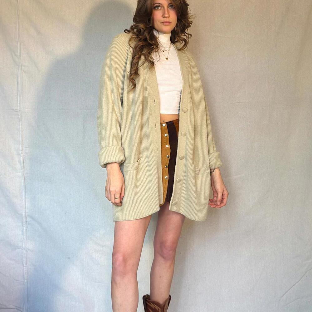 Y2K Light Beige Preppy Ribbed Cardigan Sweater